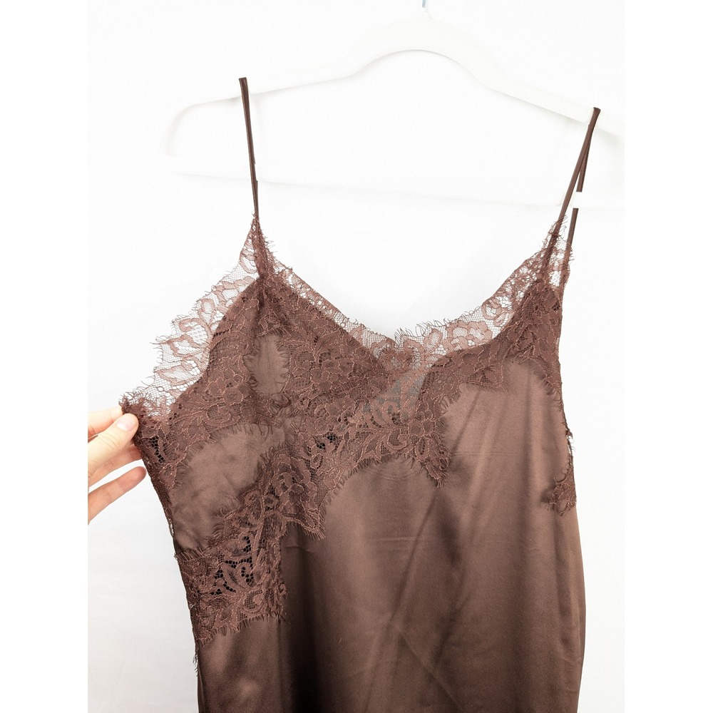 Asymmetrical Satin Lace Babydoll Slip Dress Sz S Chocolate Brown Fairy Indie Y2K - Picture 3 of 9